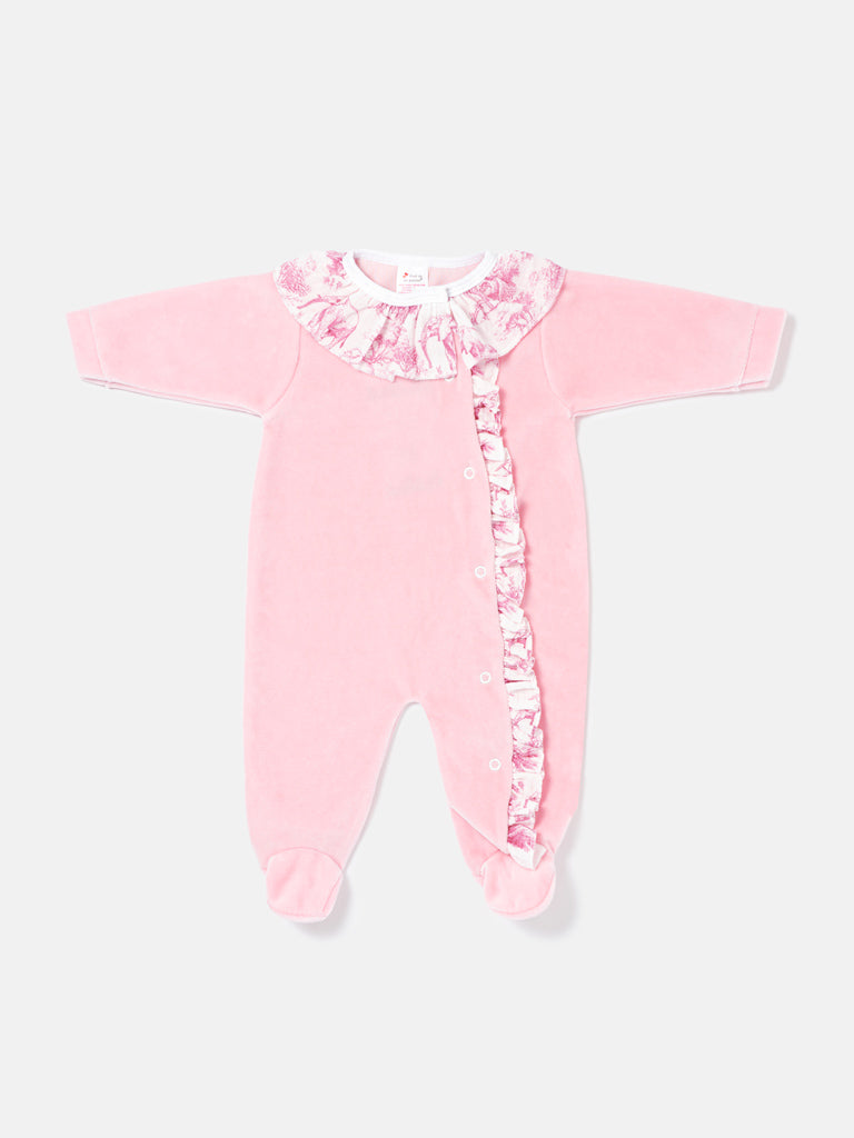 Velour Baby Grow for Girls with Printed Ruffle Details - Safari Collection - Rose Pink