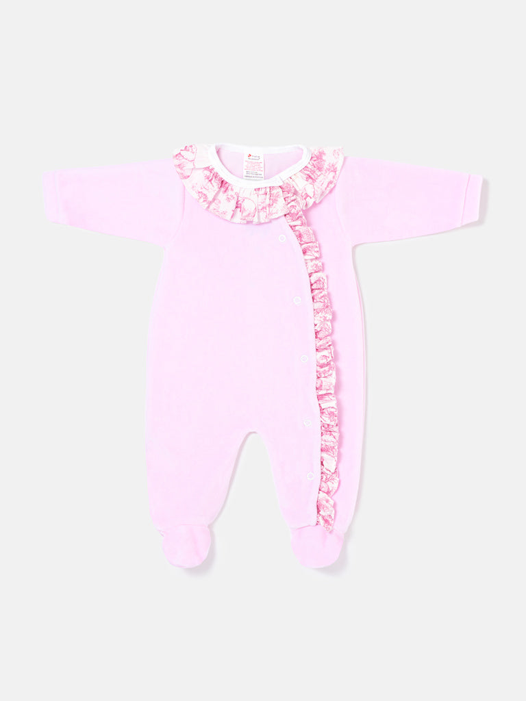 Velour Baby Grow for Girls with Printed Ruffle Details - Safari Collection - Baby Pink