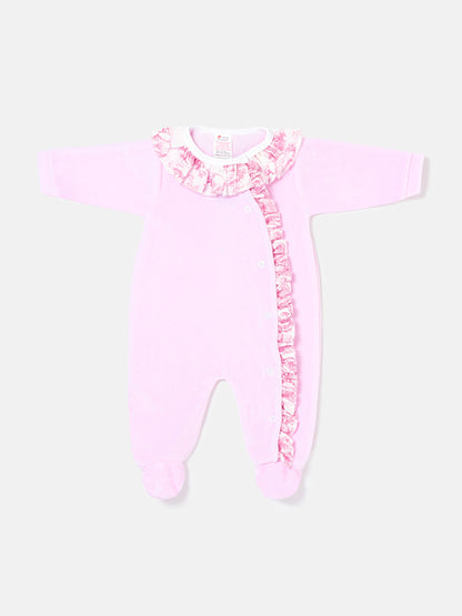 Velour Baby Grow for Girls with Printed Ruffle Details - Safari Collection - Baby Pink