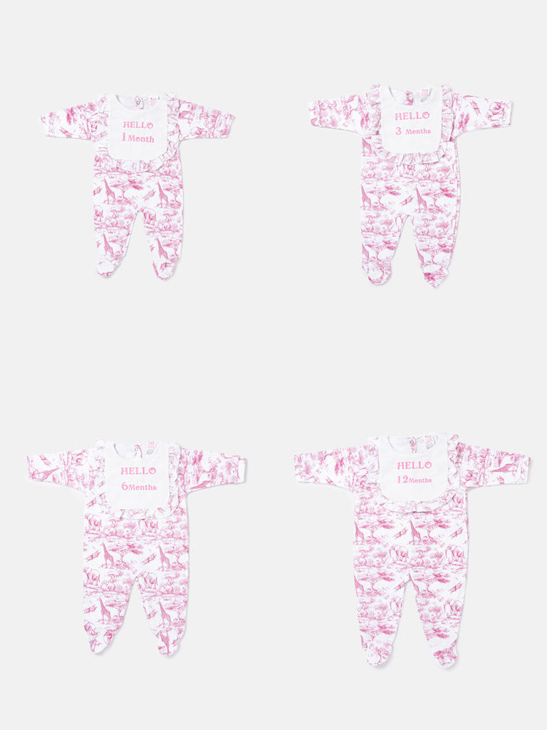 "Hello 1,3,6,12 Months" Embroidered Baby Grow with Frilled Bib - Safari Collection - Baby Pink