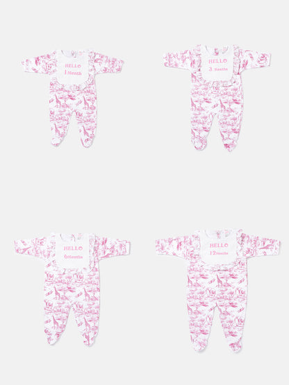 "Hello 1,3,6,12 Months" Embroidered Baby Grow with Frilled Bib - Safari Collection - Baby Pink