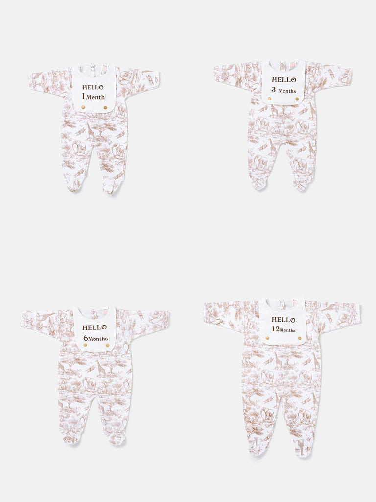 "Hello 1,3,6,12 Months" Embroidered Baby Grow with Attached Small Bib - Safari Collection - Beige