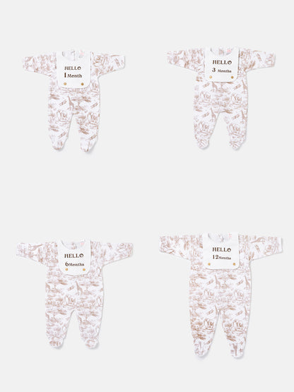 "Hello 1,3,6,12 Months" Embroidered Baby Grow with Attached Small Bib - Safari Collection - Beige
