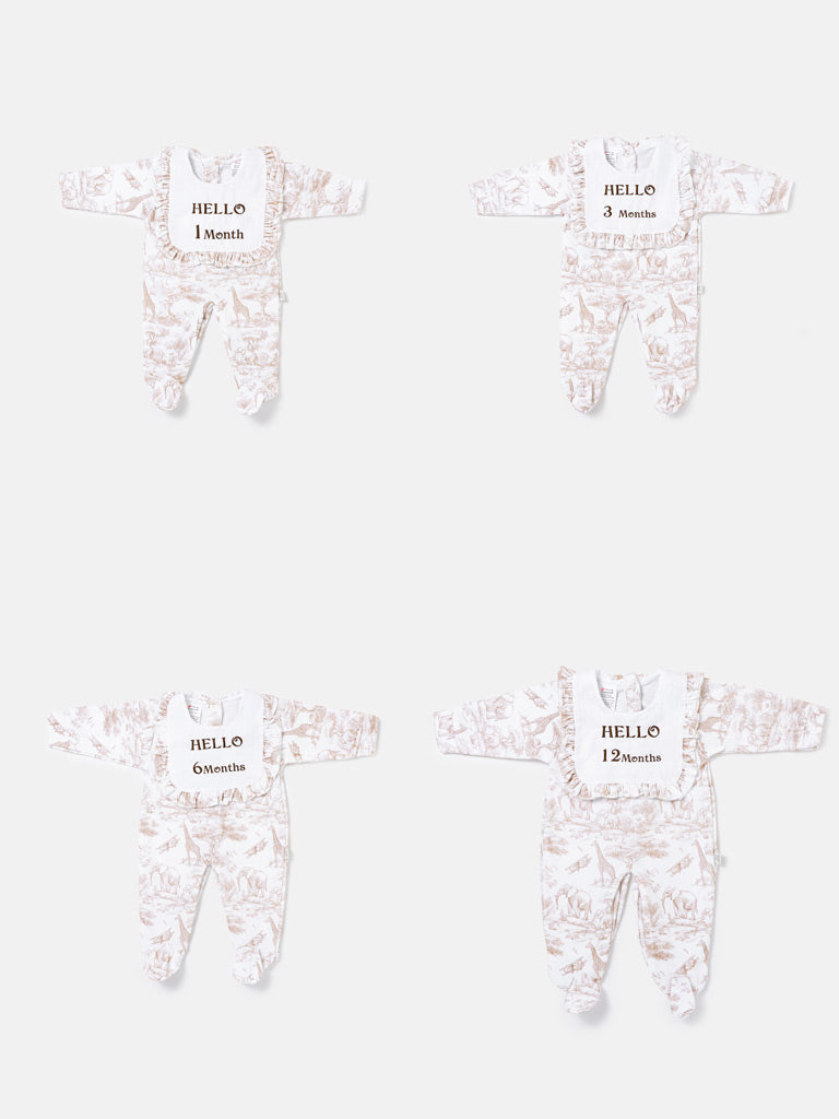 "Hello 1,3,6,12 Months" Embroidered Baby Grow with Frilled Bib - Safari Collection - Beige