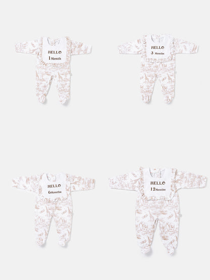 "Hello 1,3,6,12 Months" Embroidered Baby Grow with Frilled Bib - Safari Collection - Beige
