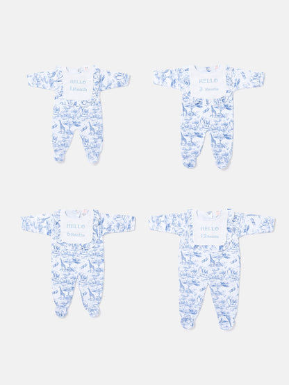 "Hello 1,3,6,12 Months" Embroidered Baby Grow with Frilled Bib - Safari Collection - Baby Blue