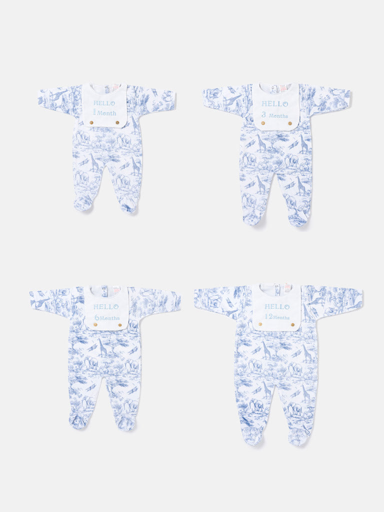 "Hello 1,3,6,12 Months" Embroidered Baby Grow with Attached Small Bib - Safari Collection - Baby Blue