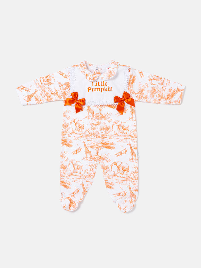 "Little Pumpkin" Embroidered Baby Grow with Satin Bows - Safari Collection - Orange