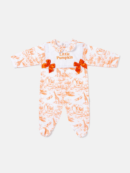 "Little Pumpkin" Embroidered Baby Grow with Satin Bows - Safari Collection - Orange