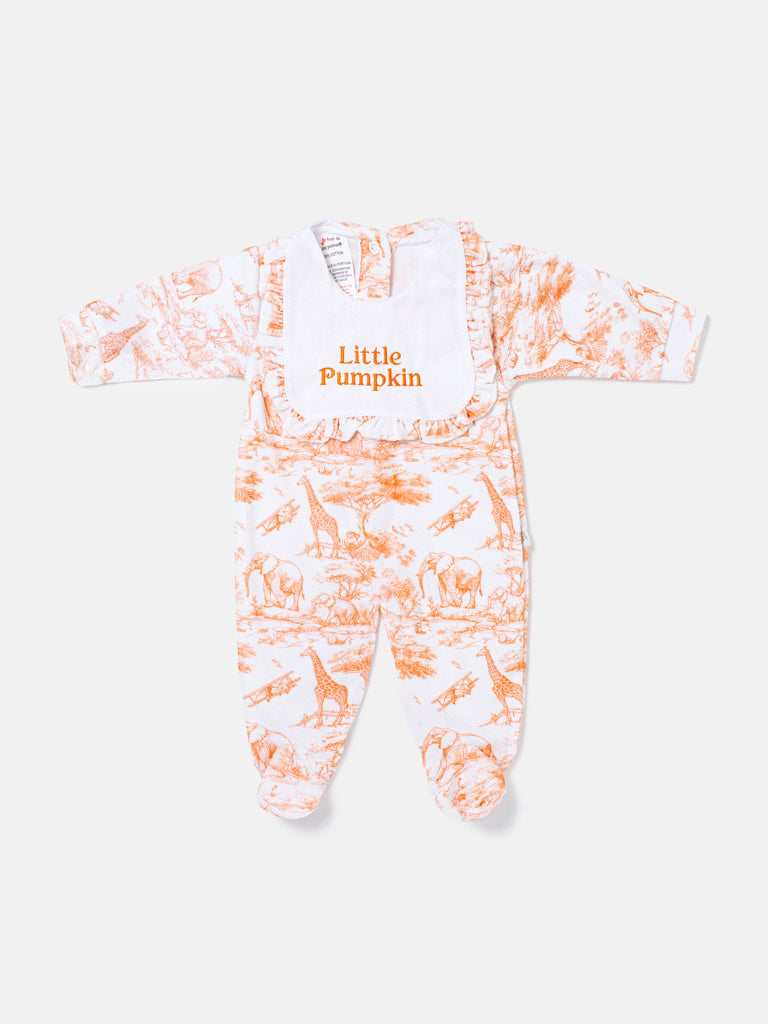 "Little Pumpkin" Embroidered Baby Grow with Frilled Bib - Safari Collection - Orange