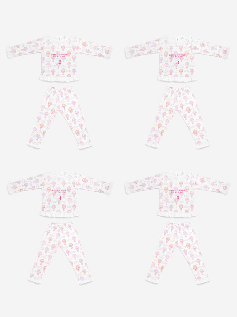 "When I Wake Up" Embroidered Girl 2-Piece Pyjama Set - Hot Air Balloon Collection - Baby Pink