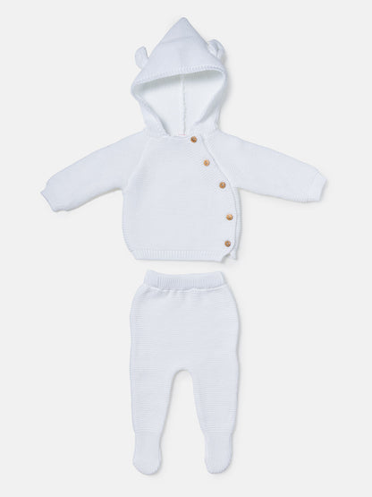 Baby 2-Piece Knitted Set with Hooded Top & Footed Trousers - White