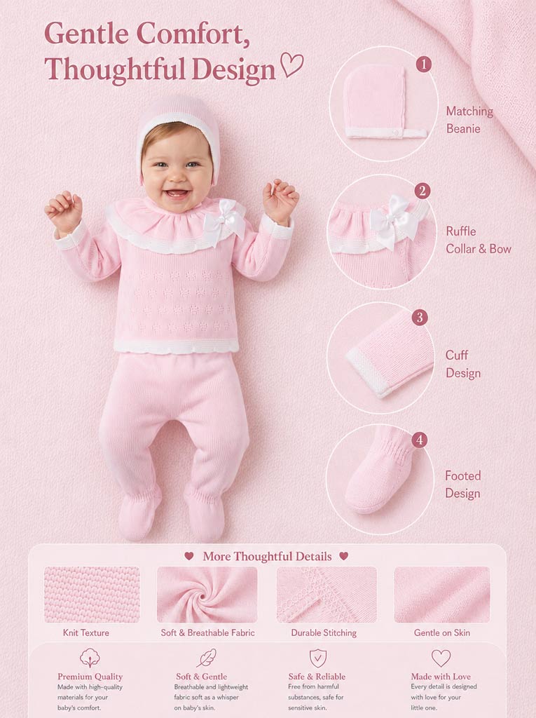 Baby Girl Knitted Ruffle & Contrast Trim 3-Piece Gift Box Set - Baby Pink