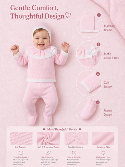 Baby Girl Knitted Ruffle & Contrast Trim 3-Piece Gift Box Set - Baby Pink