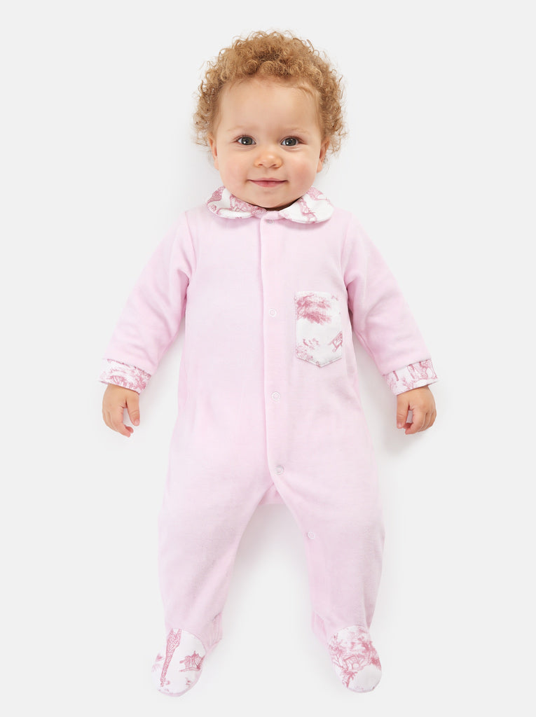 Velour Baby Grow with Printed Pocket - Safari Collection - Baby Pink