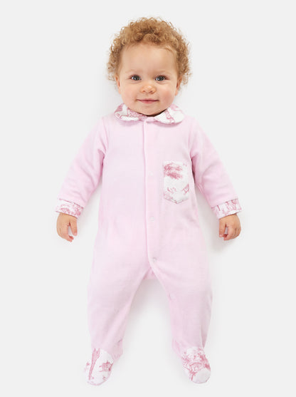 Velour Baby Grow with Printed Pocket - Safari Collection - Baby Pink