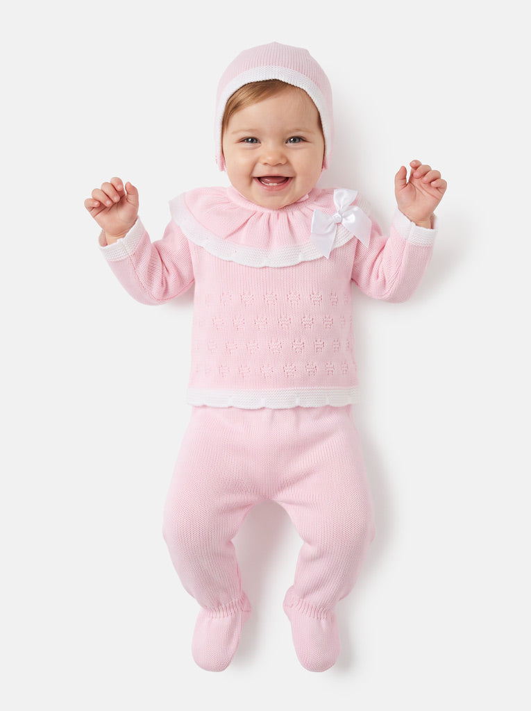 Baby Girl Knitted Ruffle & Contrast Trim 3-Piece Gift Box Set - Baby Pink