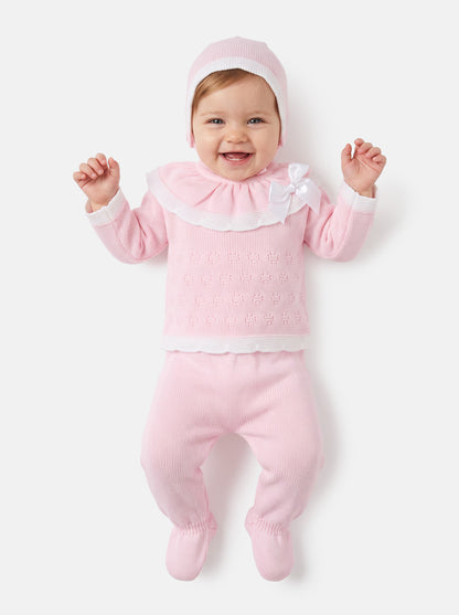 Baby Girl Knitted Ruffle & Contrast Trim 3-Piece Gift Box Set - Baby Pink