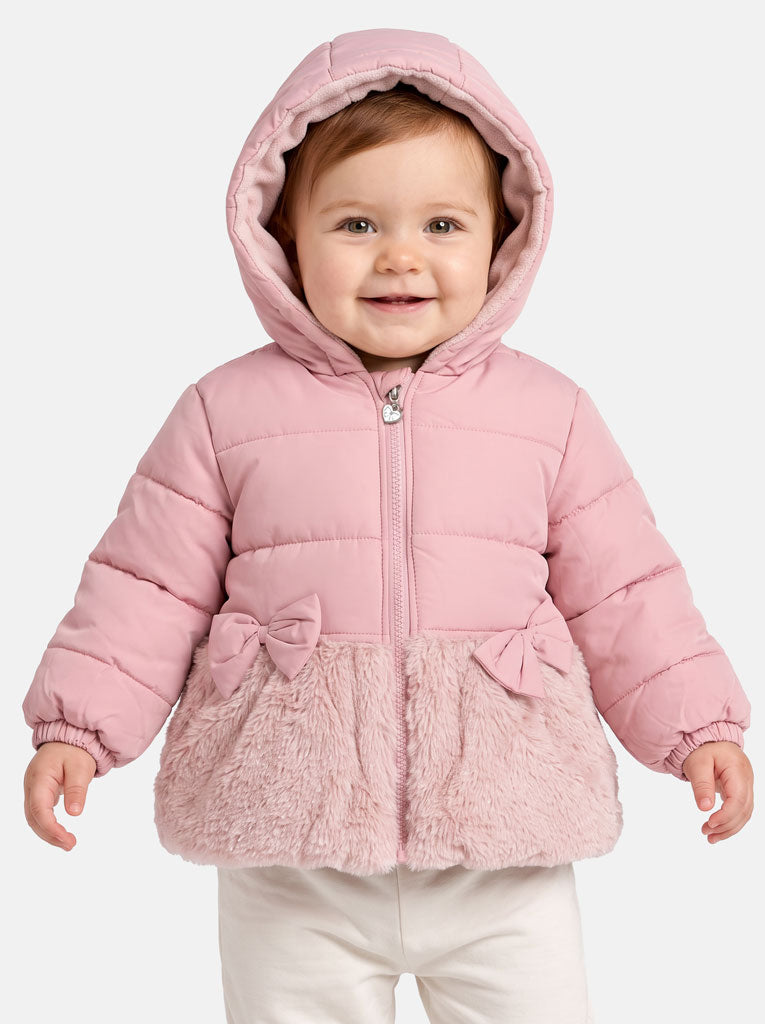 Baby Girl Silvery Hooded Coat with Fur & Bows - Light Dusty Pink