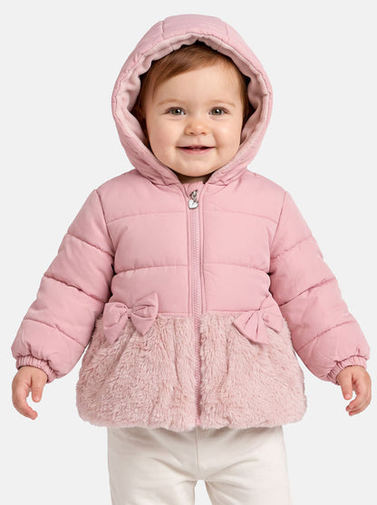 Baby Girl Silvery Hooded Coat with Fur & Bows - Light Dusty Pink