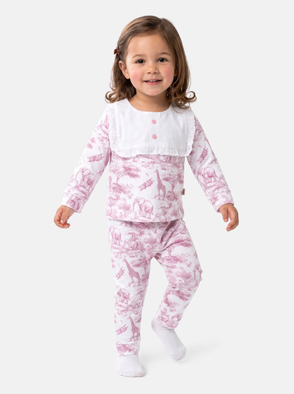 Baby Girl Safari Collection Two-Piece Velour Pyjama Set with Attached Frilly Bib - Baby Pink