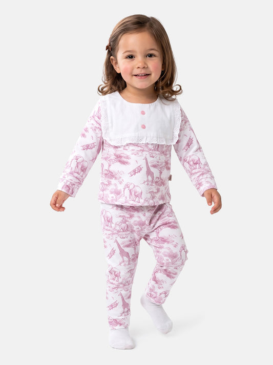 Baby Girl Safari Collection Two-Piece Velour Pyjama Set with Attached Frilly Bib - Baby Pink