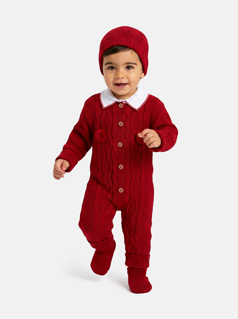 Baby Boy Gabriel Collection All-In-One Knitted 3-Piece Set with Pom-Poms - Red
