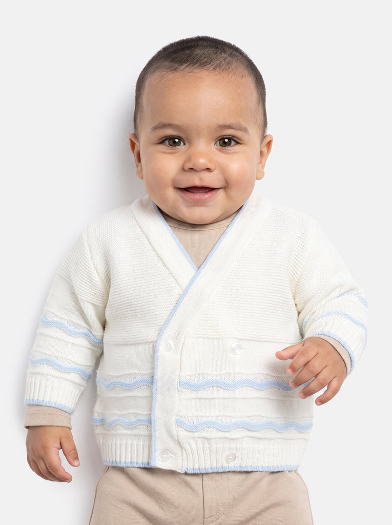 Baby Knitted Cardigan with Wavy Stripe Detail & Gift Box - White & Baby Blue
