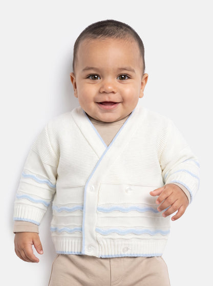 Baby Knitted Cardigan with Wavy Stripe Detail & Gift Box - White & Baby Blue