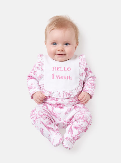 "Hello 1,3,6,12 Months" Embroidered Baby Grow with Frilled Bib - Safari Collection - Baby Pink