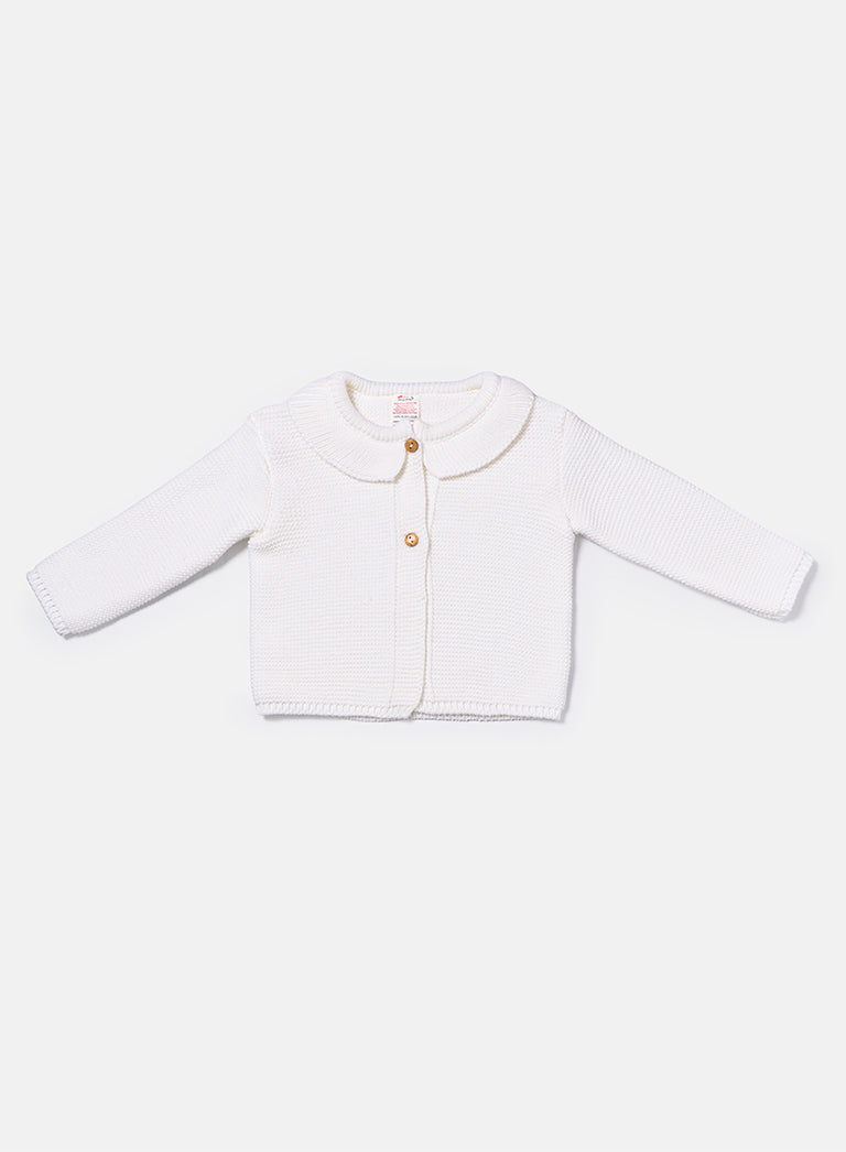 Baby Girl Knitted Cardigan with Classic Collar - Ivory
