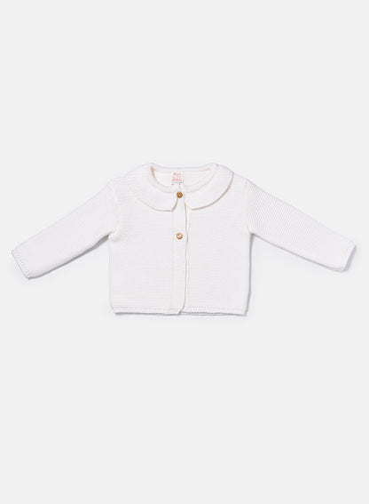Baby Girl Knitted Cardigan with Classic Collar - Ivory