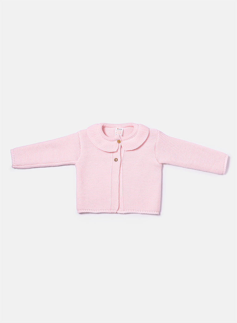 Baby Girl Knitted Cardigan with Classic Collar - Baby Pink