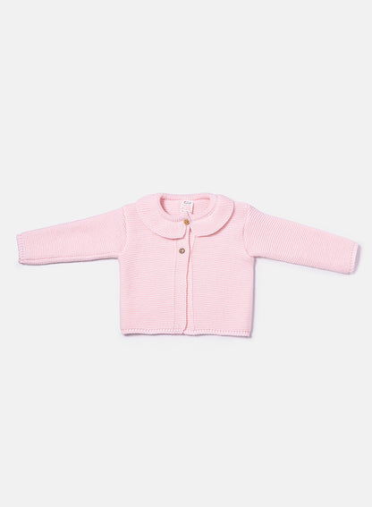 Baby Girl Knitted Cardigan with Classic Collar - Baby Pink