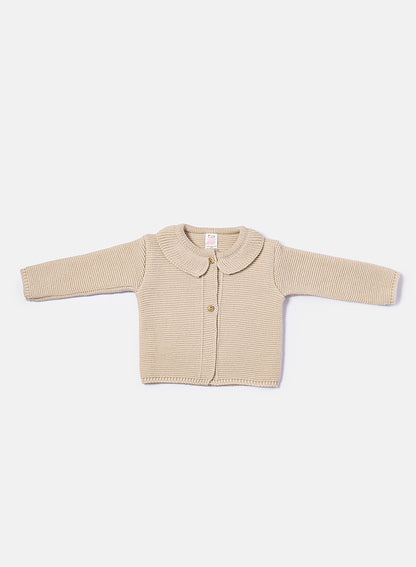 Baby Girl Knitted Cardigan with Classic Collar - Beige