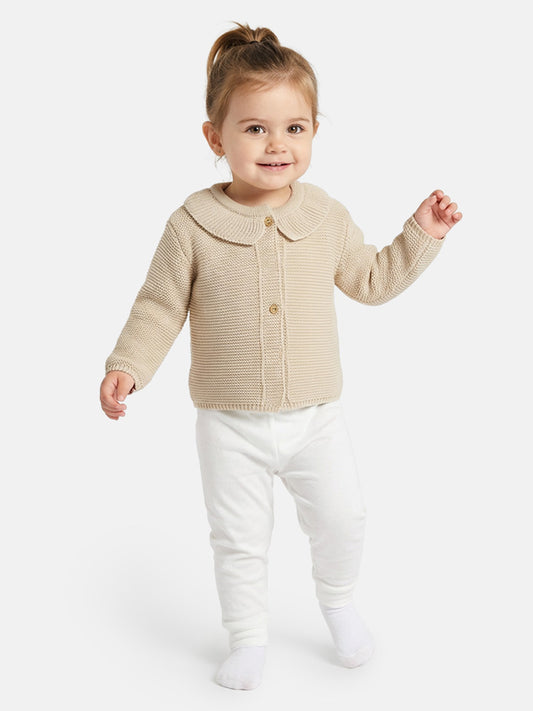 Baby Girl Knitted Cardigan with Classic Collar - Beige