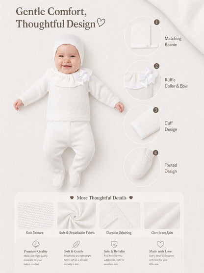 Baby Girl Knitted Ruffle & Contrast Trim 3-Piece Gift Box Set - Ivory