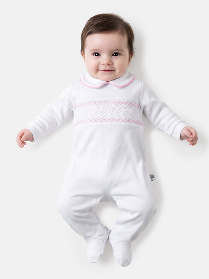 Cotton Baby Grow with Smocked Detail - White & Baby Pink