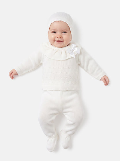 Baby Girl Knitted Ruffle & Contrast Trim 3-Piece Gift Box Set - Ivory
