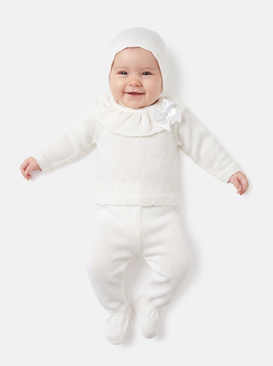 Baby Girl Knitted Ruffle & Contrast Trim 3-Piece Gift Box Set - Ivory