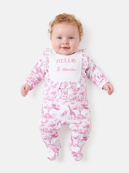 "Hello 1,3,6,12 Months" Embroidered Baby Grow with Frilled Bib - Safari Collection - Baby Pink
