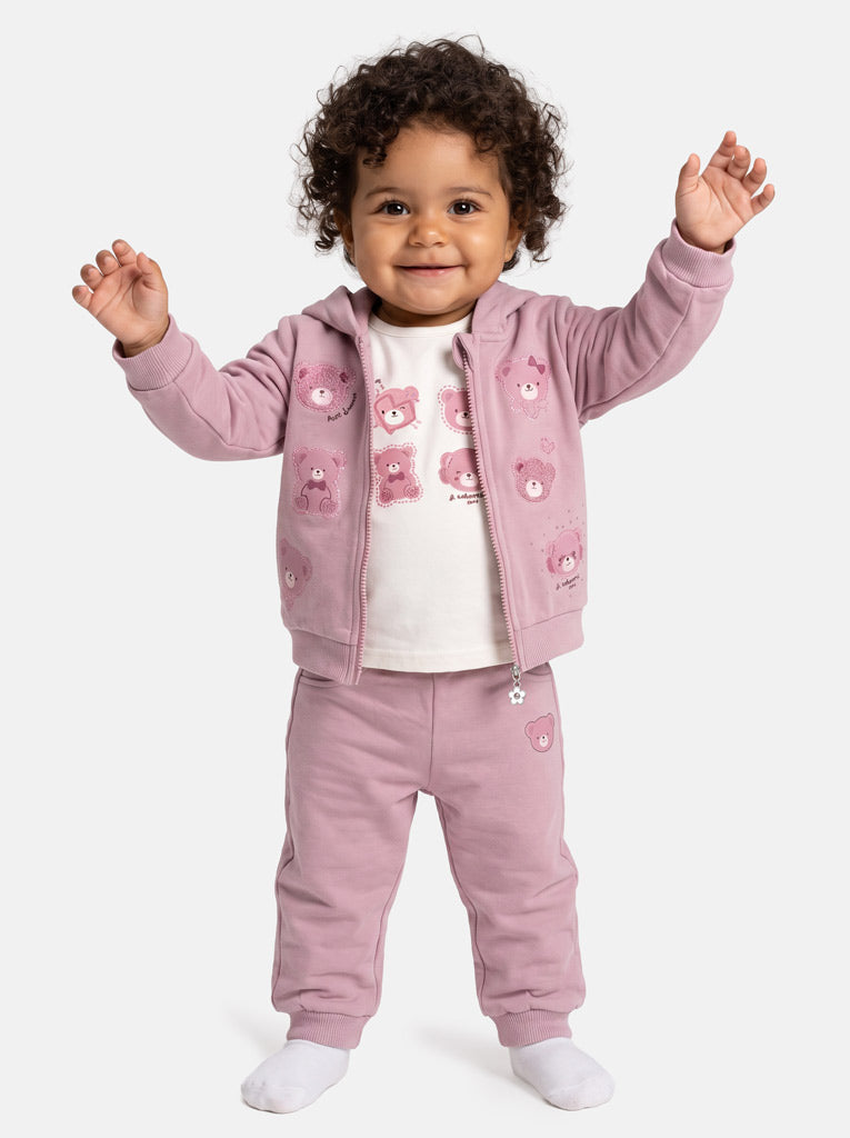 Baby Girl Leonora Collection 3-Piece Hooded Tracksuit Set with Teddy Design - Dusty Pink