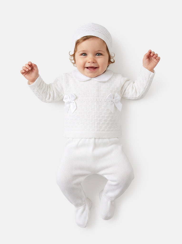 Baby Girl Twin Satin Bow Knitted 3-piece Gift Box Set - White
