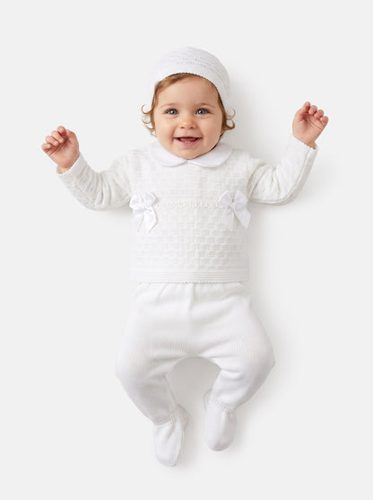 Baby Girl Twin Satin Bow Knitted 3-piece Gift Box Set - White