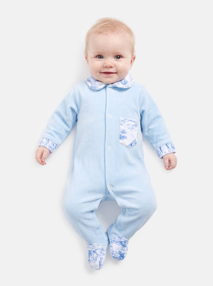 Velour Baby Grow with Printed Pocket - Safari Collection - Baby Blue