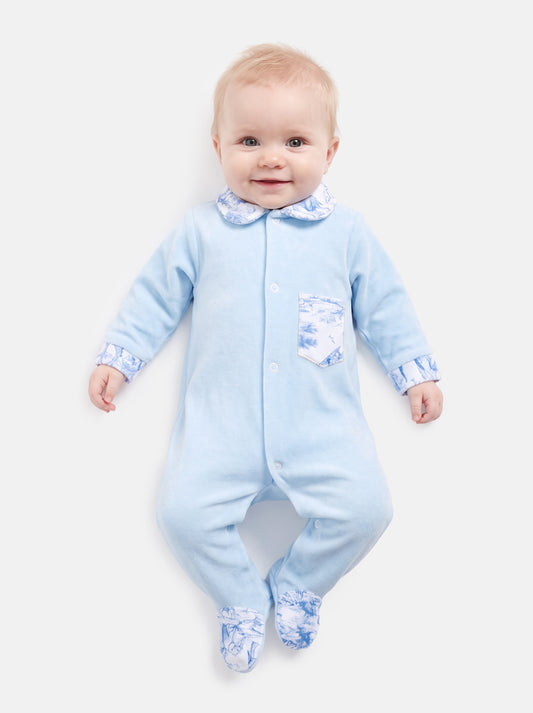 Velour Baby Grow with Printed Pocket - Safari Collection - Baby Blue