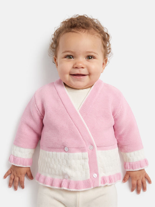 Baby Knitted Cardigan with Two-Tone Patterned Detail & Gift Box - Dusty Pink & White