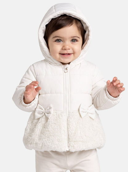 Baby Girl Silvery Hooded Coat with Fur & Bows - White