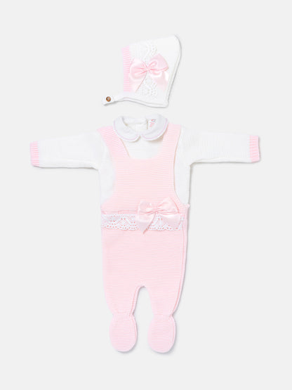 Baby Girl Xenia Collection 3-piece Knitted Dungaree Set - Baby Pink