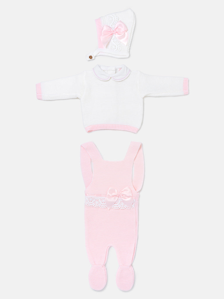 Baby Girl Xenia Collection 3-piece Knitted Dungaree Set - Baby Pink
